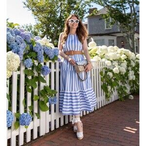 Sail To Sable Kelly Halter Neck Cotton Poplin Blue White Stripe Tiered Dress M